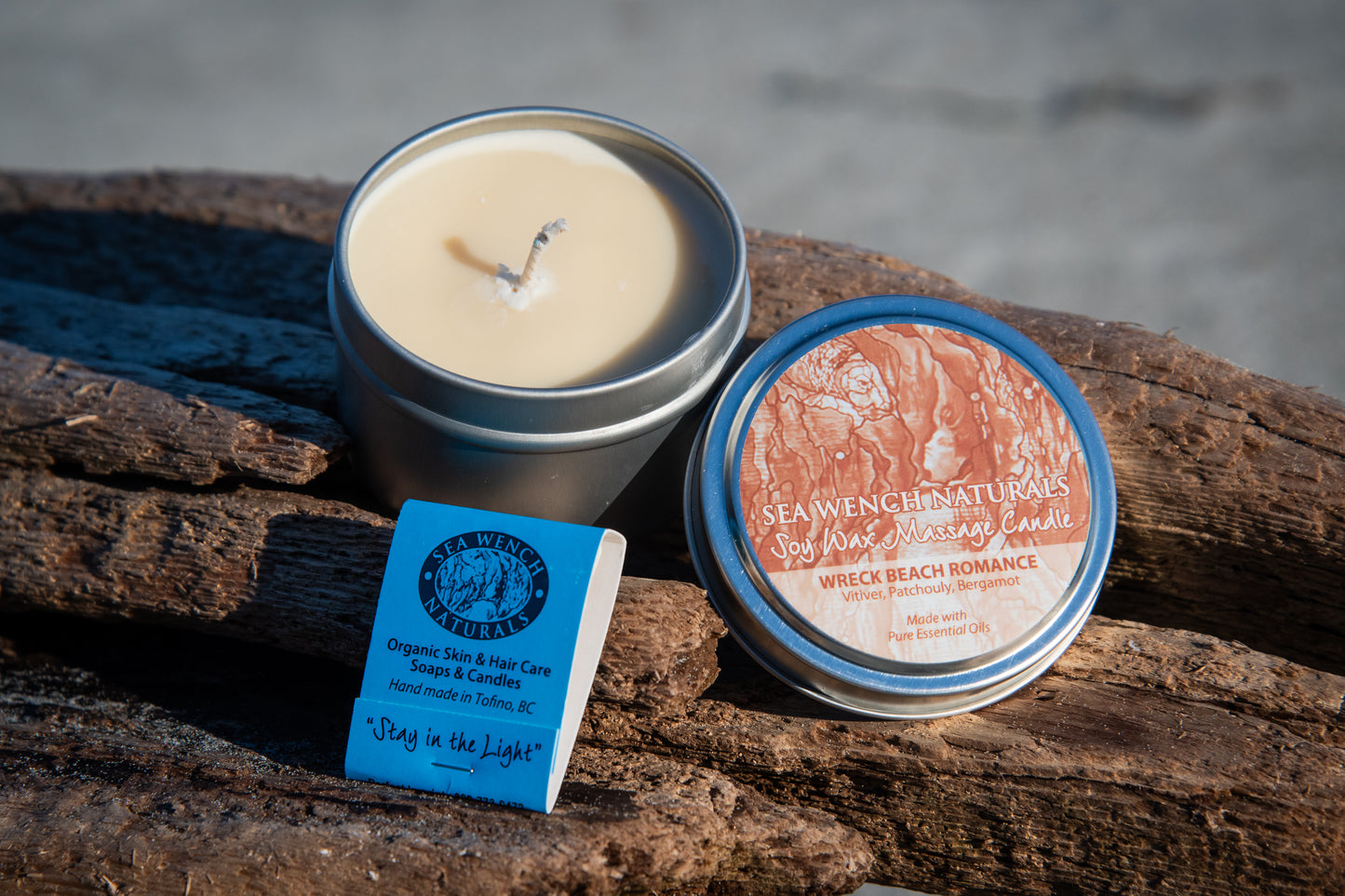 Soy Wax Massage Candle “Wreck Beach Romance” by Sea Wench Naturals – vetiver, patchouli & bergamot massage candle, made in Canada