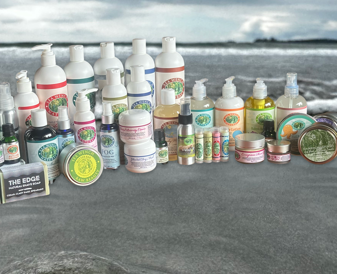 Assortment of natural and organic skincare products by Sea Wench Naturals, handcrafted in Canada for all skin types